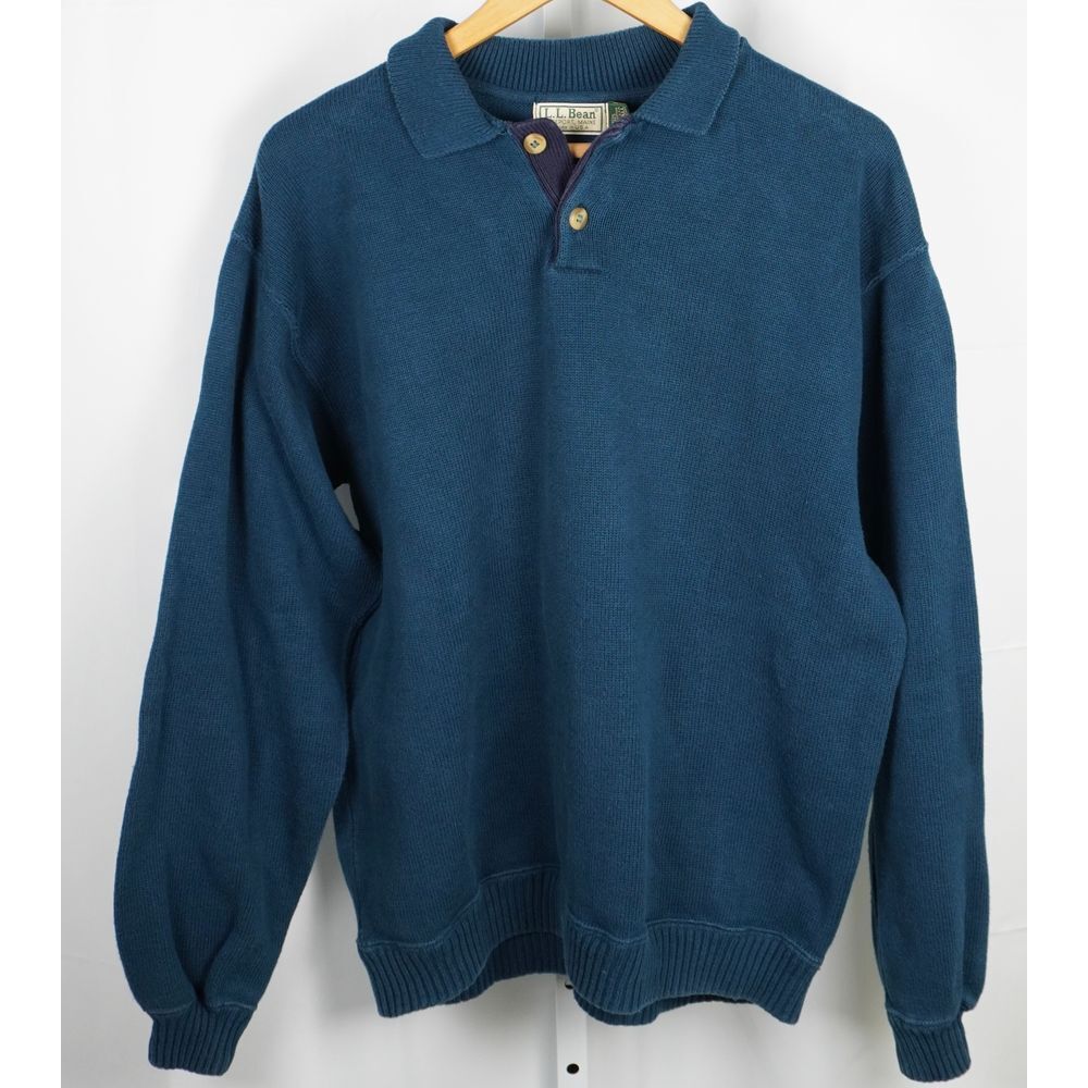 L.L. Bean Men's Large Tall Collared 100% Cotton Sweater Deep Turquoise and Navy